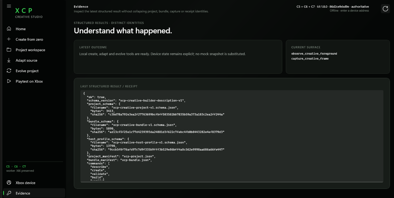 XCP Studio evidence view showing structured project execution results.
