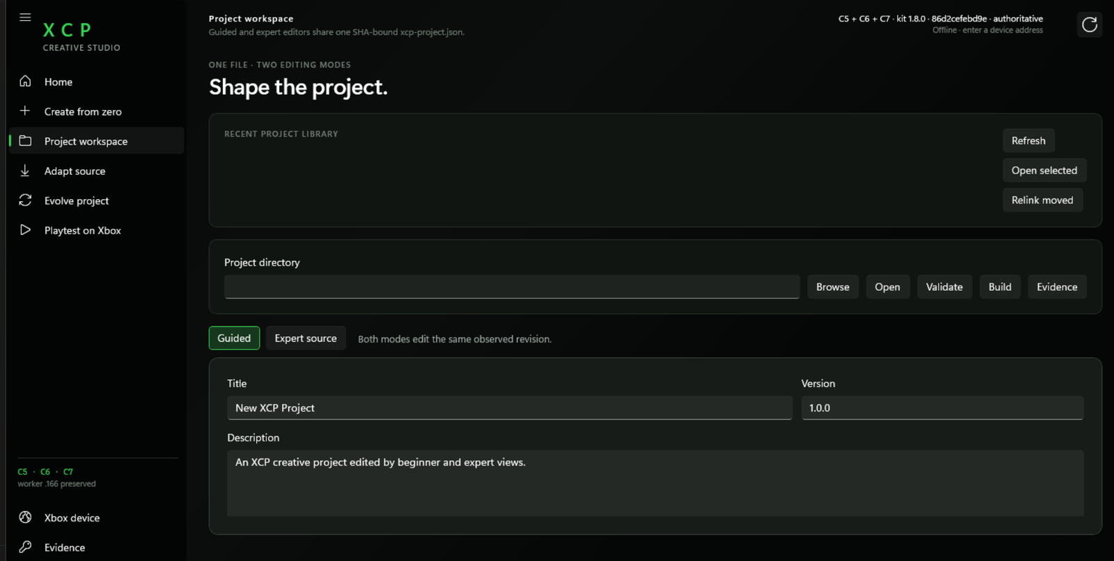 XCP Studio project library and guided workspace operating on one authoritative project.